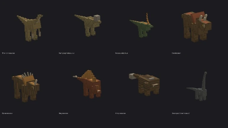 Eight blocky voxel dinosaur models in earthy colours lined up in two rows on a dark background, including a stegosaurus, an ankylosaurus and a long-necked sauropod