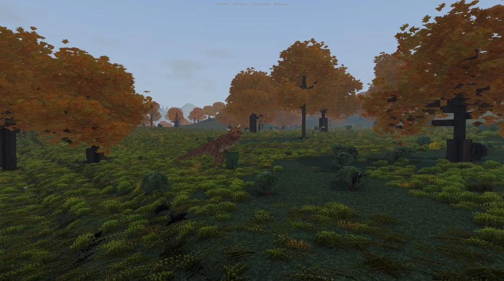 A spotted dinosaur walking through autumn grassland between orange-canopy trees