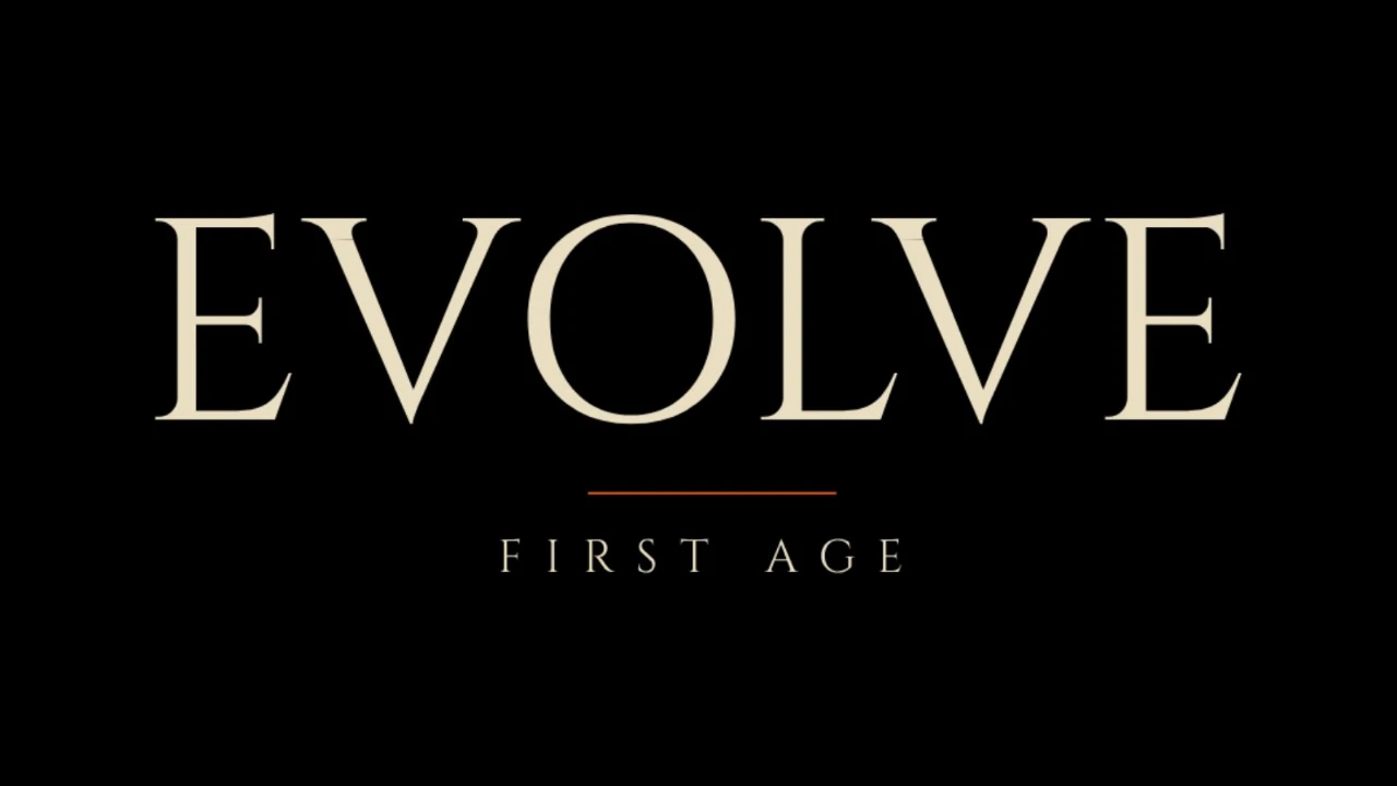 The Evolve First Age logo in cream serif lettering on a black background