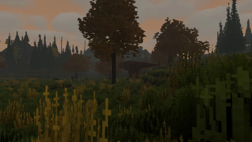 A brown voxel Brachiosaurus walking through a meadow of tall grass beneath an autumn tree, with dark pines on the skyline