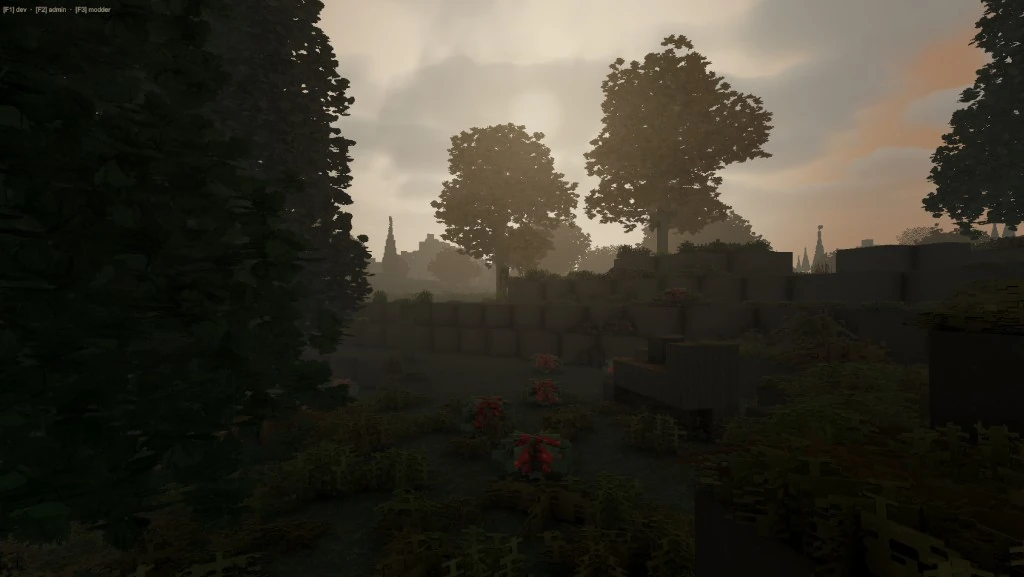 Low mist through broadleaf trees at sunrise, with red-flowered bushes on the ground and stepped voxel terrain behind