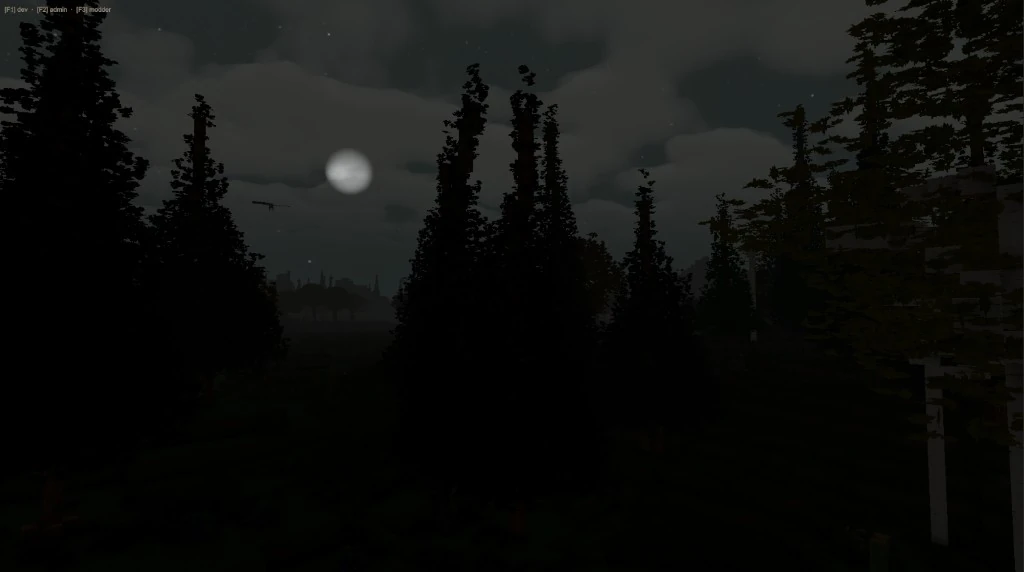 A full moon behind thin cloud above a dark stand of pine trees at night, with a flying creature silhouetted to the left
