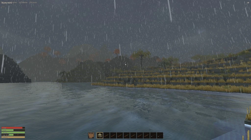 Heavy rain falling on a grey lake with grassy terraced banks and dark hills beyond, ripples spreading across the water