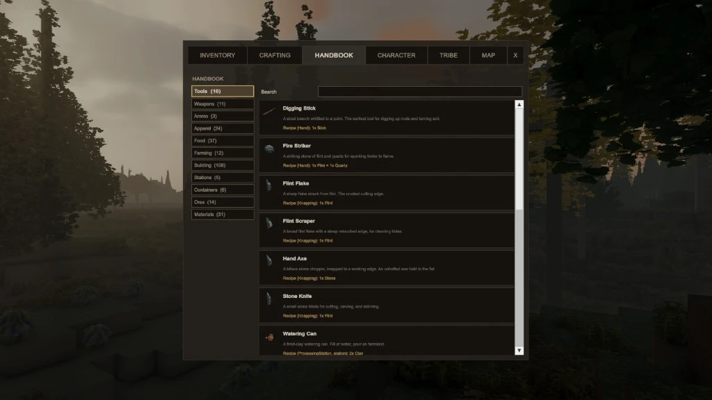 The handbook tab listing early tools such as a digging stick, fire striker, flint flake and hand axe, each with a short description and its recipe