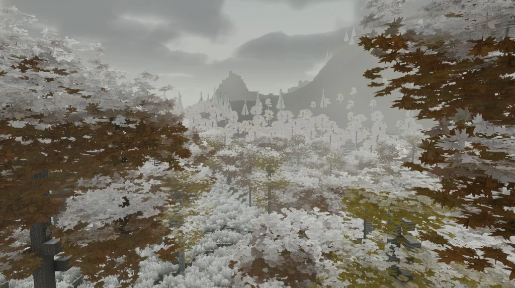 Snow-covered voxel trees and orange autumn canopies under a grey foggy sky, with mountains fading into the distance