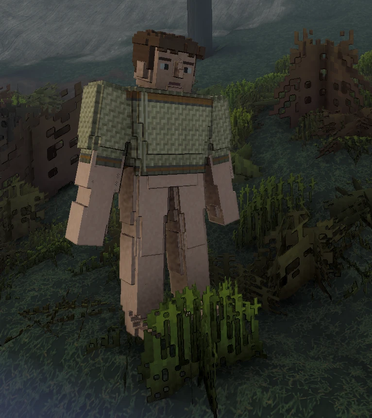 The player character standing in grass, wearing a knitted tunic and trousers
