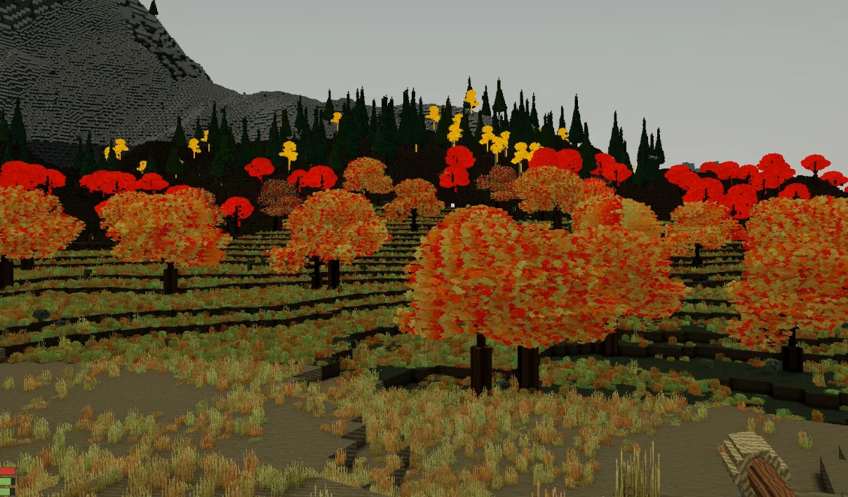 An oversaturated failed autumn foliage shader test