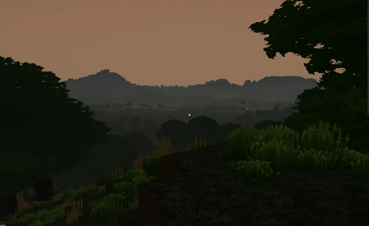 An early dawn landscape with tree billboards and distant volumetrics