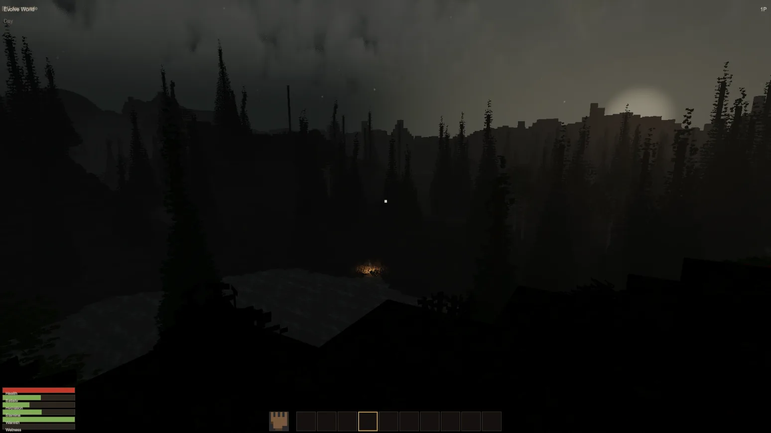 A distant campfire glow visible across the dark landscape