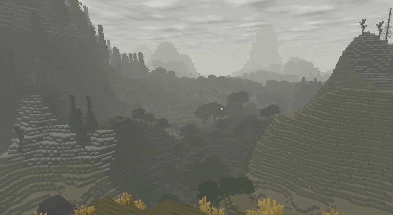 A broad voxel landscape with trees, distant terrain, and early atmosphere