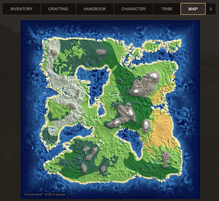 The in-game map showing a generated island world and the player's current location