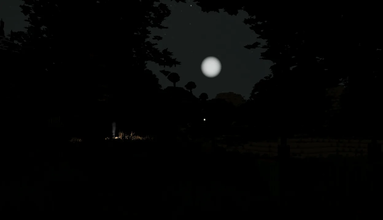 The first campfire lighting a dark voxel landscape