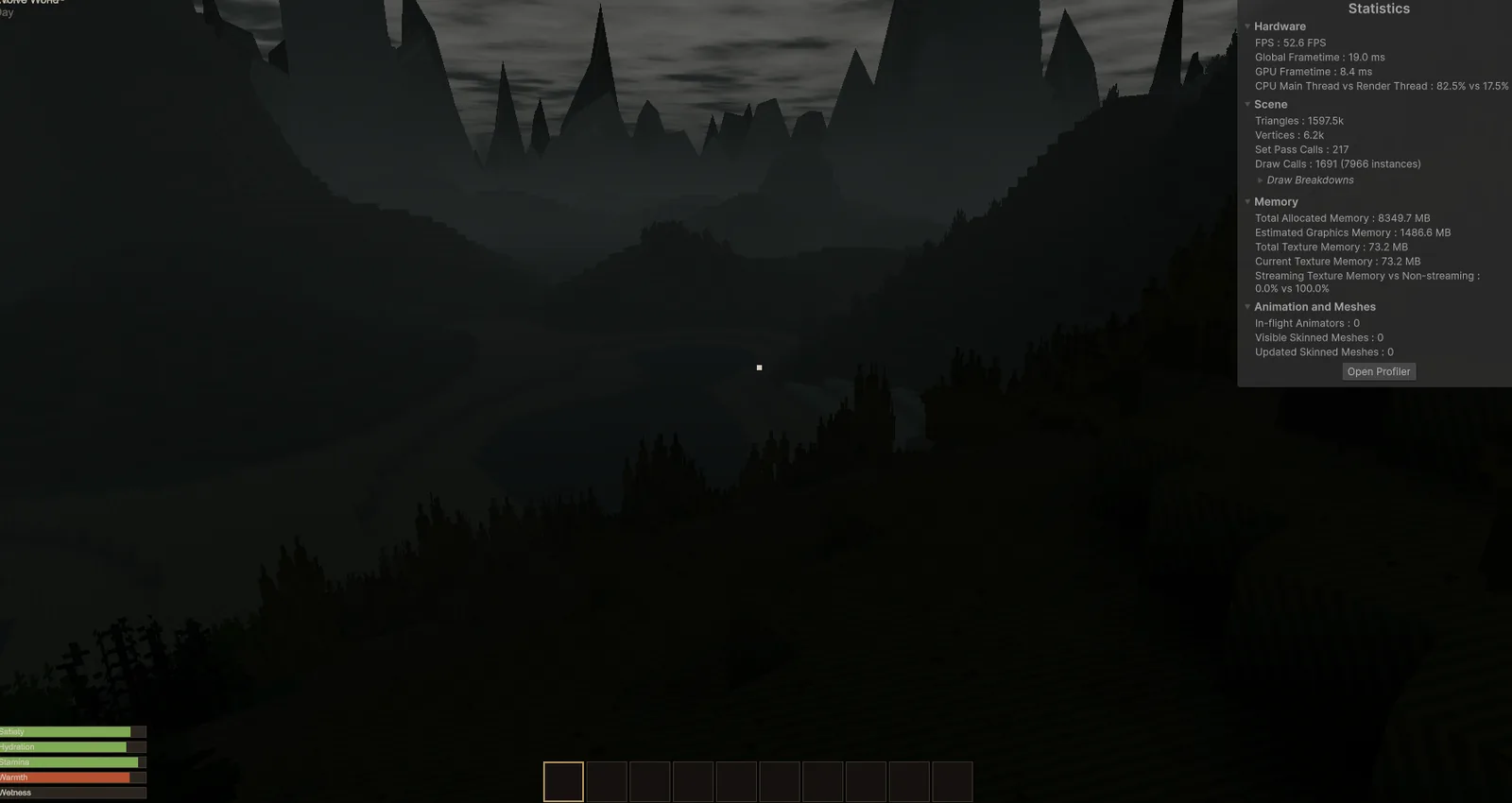 An early night scene under flat prototype clouds