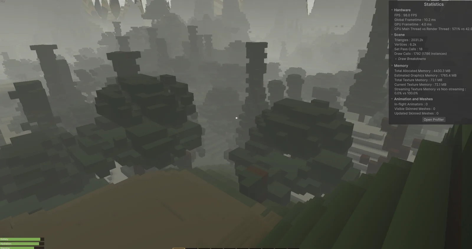 The first dense custom volumetric fog prototype among voxel trees