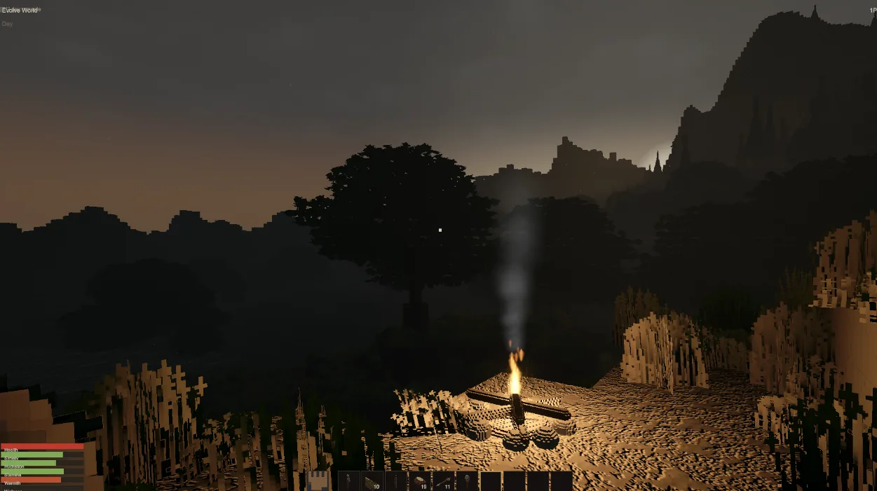 A campfire providing light and warmth on a mountain at dusk