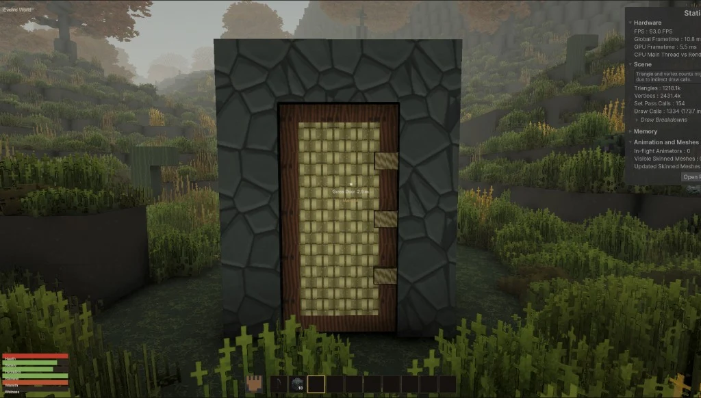 A closed grass door placed inside a stone block wall