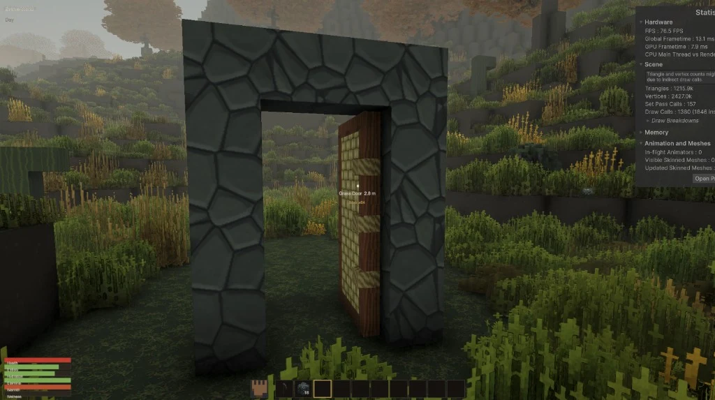 The same networked grass door opened inside its stone doorway