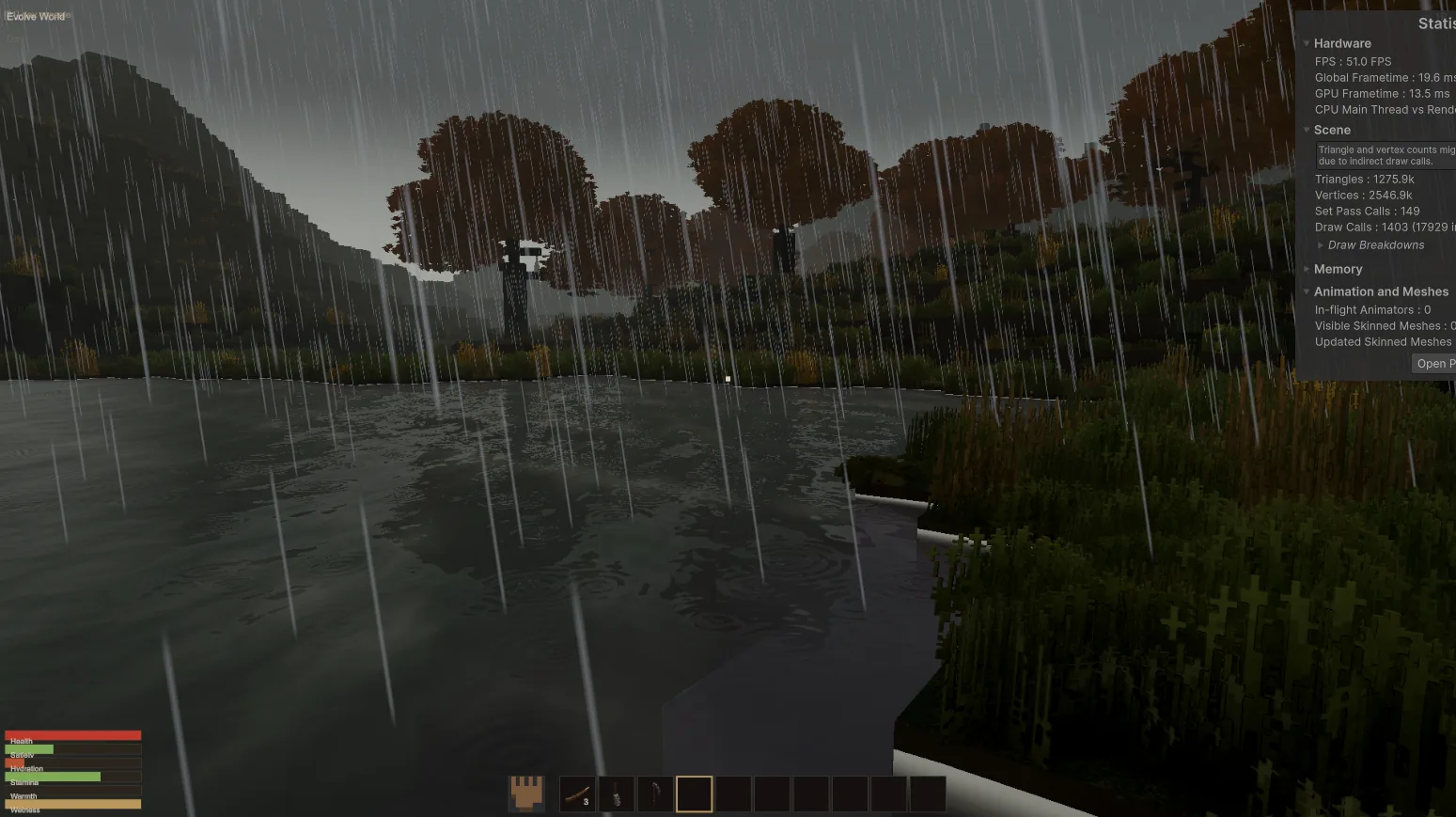 Rain interacting with reflective water in the voxel landscape
