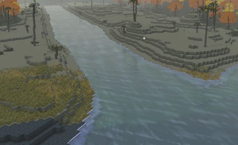 A long voxel river following the carved shoreline toward autumn forest