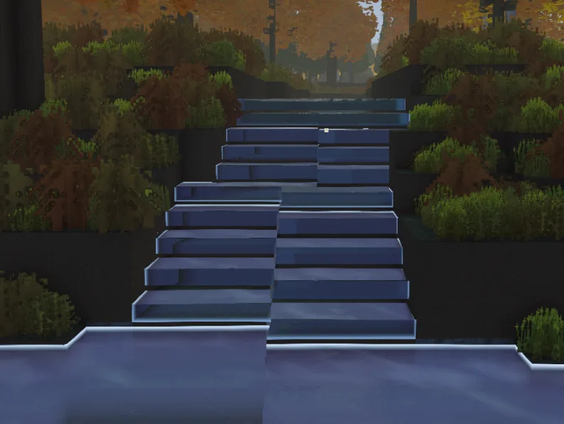 A stepped voxel waterfall dropping into a pool, with the falling-water shader still unfinished