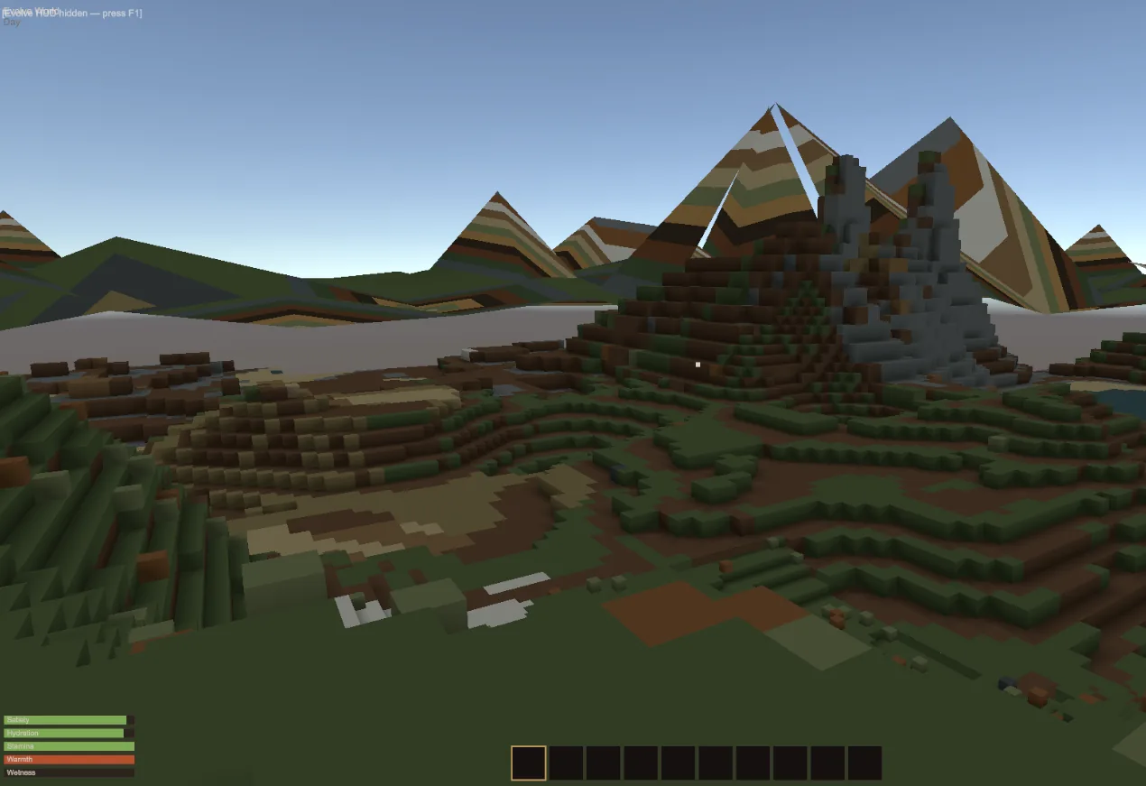 A distant terrain clipmap smoothing away the voxel silhouette