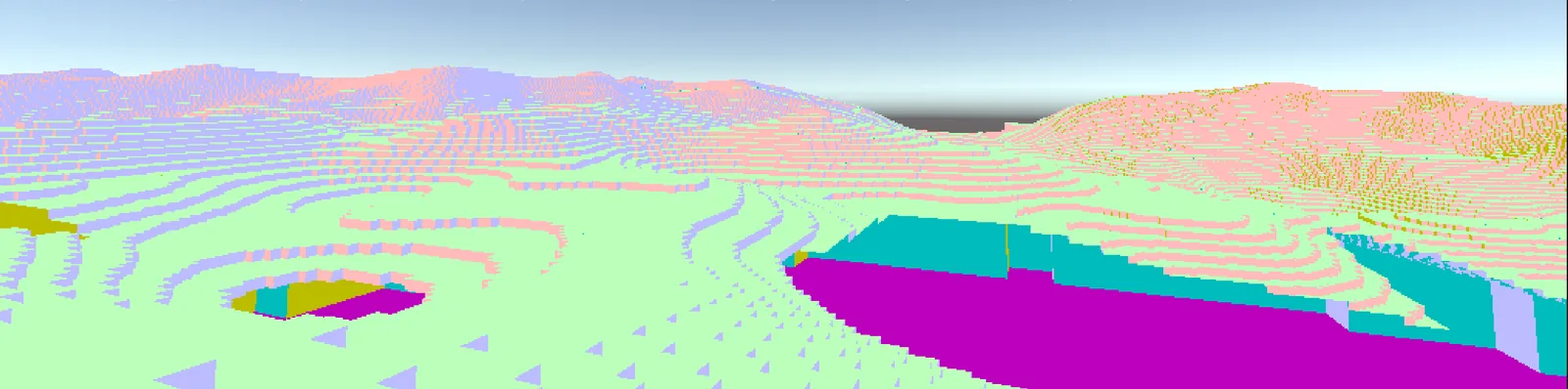 Early voxel terrain rendered in bright diagnostic colours