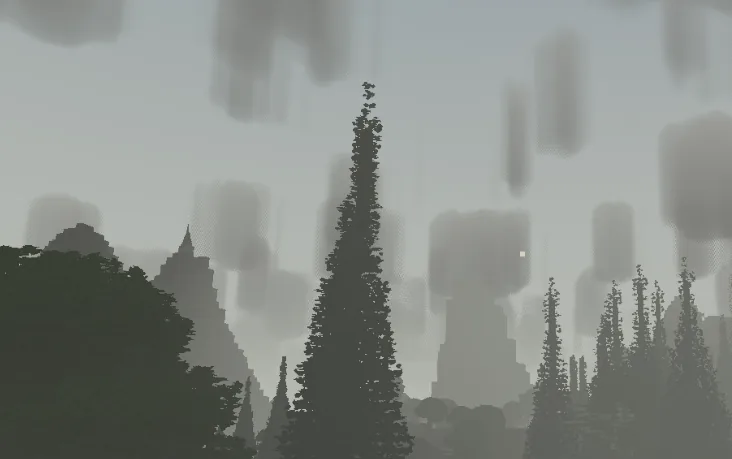 A failed volumetric cloud prototype forming huge vertical pillars