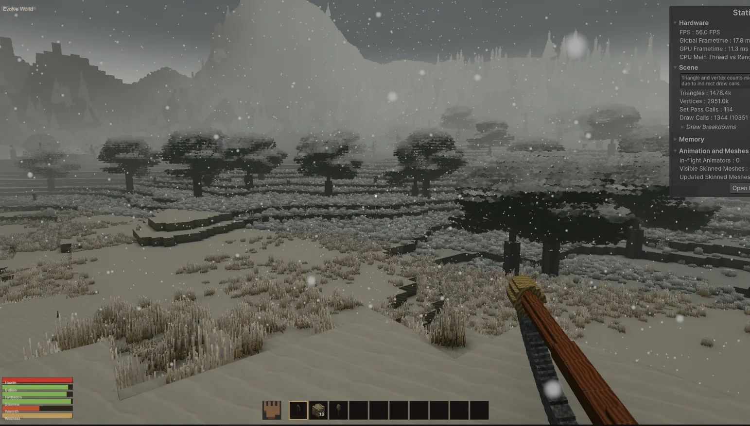 A snowy winter landscape with shader controlled cover on terrain and trees