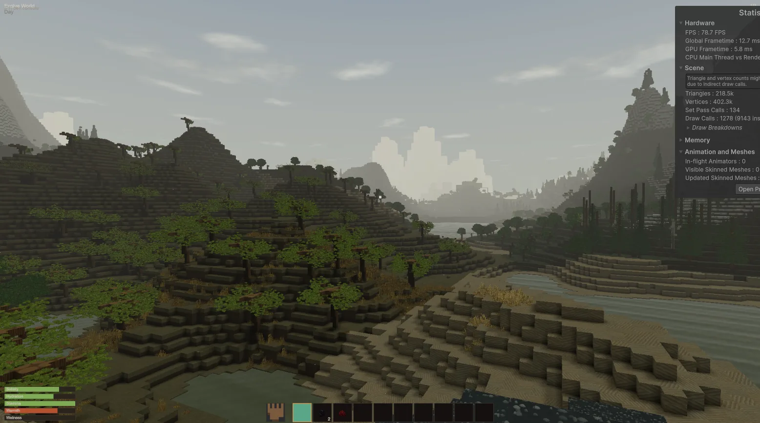 An early complete world view combining terrain, trees, and distant fog